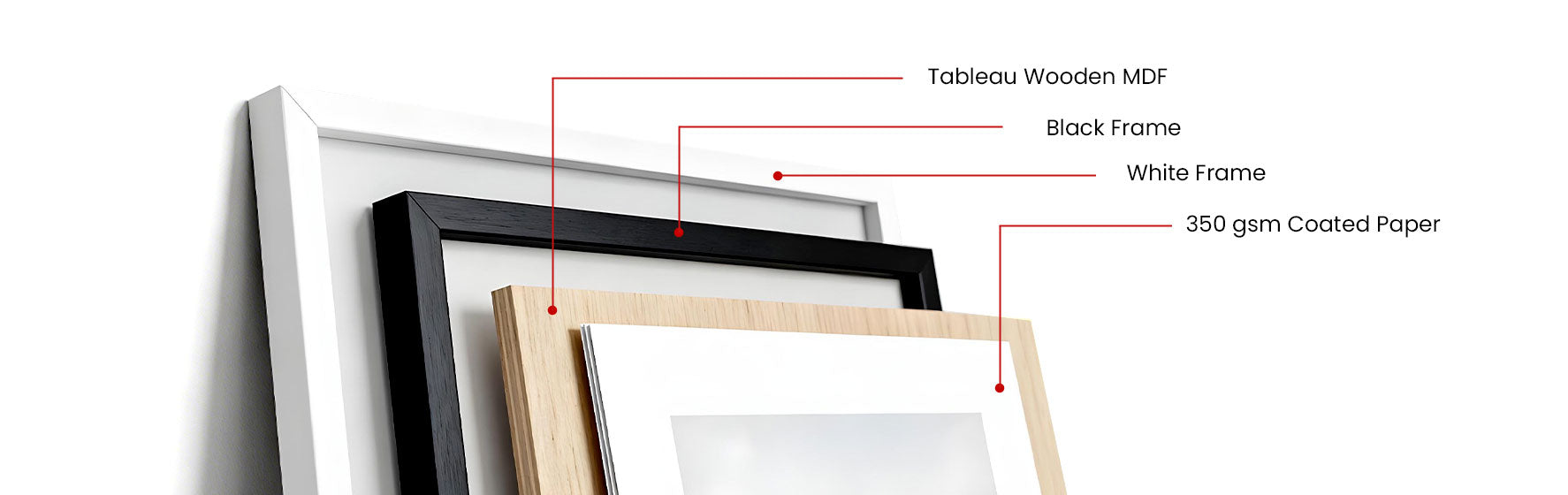 Three framed artworks with labels indicating frame materials on a white background